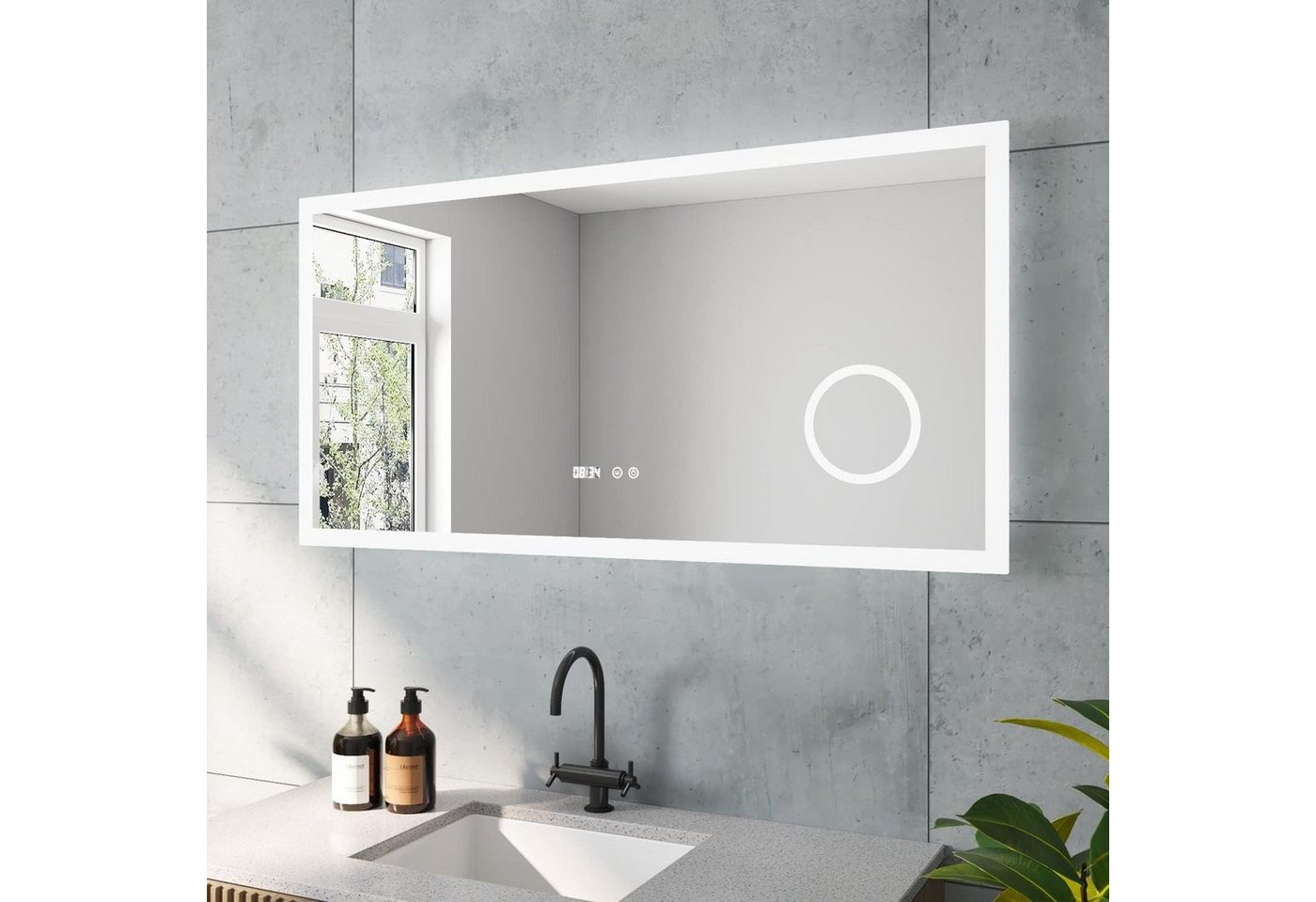 AQUALAVOS Badspiegel Spiegel mit 3-facher Vergrößerung Schminkspiegel und LED Digitaluhr, Intelligenter Antibeschlag, Stufenlos dimmen, 6400k Kaltweiße Licht von AQUALAVOS