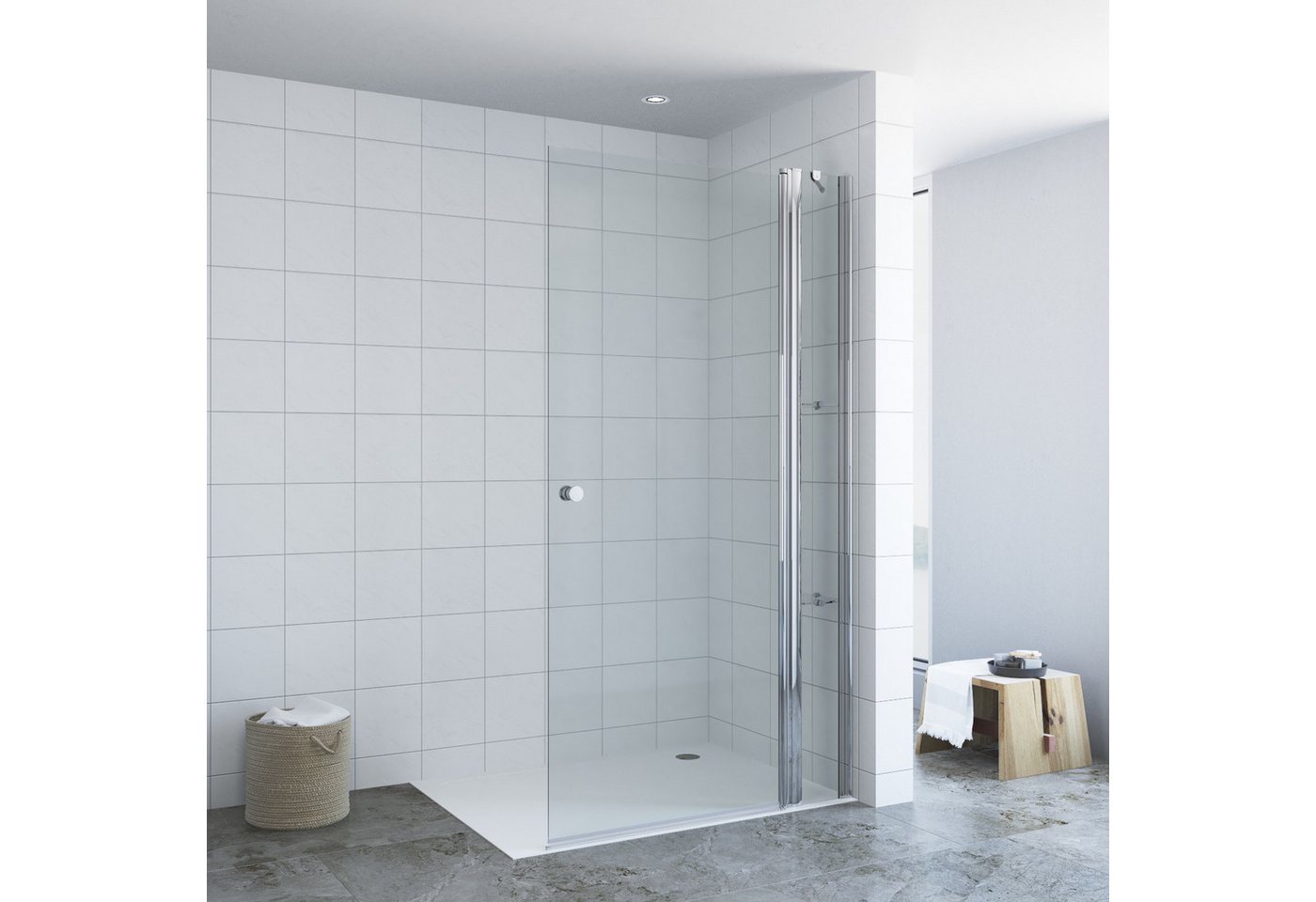 AQUALAVOS Dusch-Drehtür Duschwand Walk in dusche Nano Glaswand Begehbare Duschabtrennung, 90x197 cm, 6 mm Einscheibensicherheitsglas, mit Festteil und Eckregale, Barrierefrei Dusche, Heb-/Senk-Funktion von AQUALAVOS
