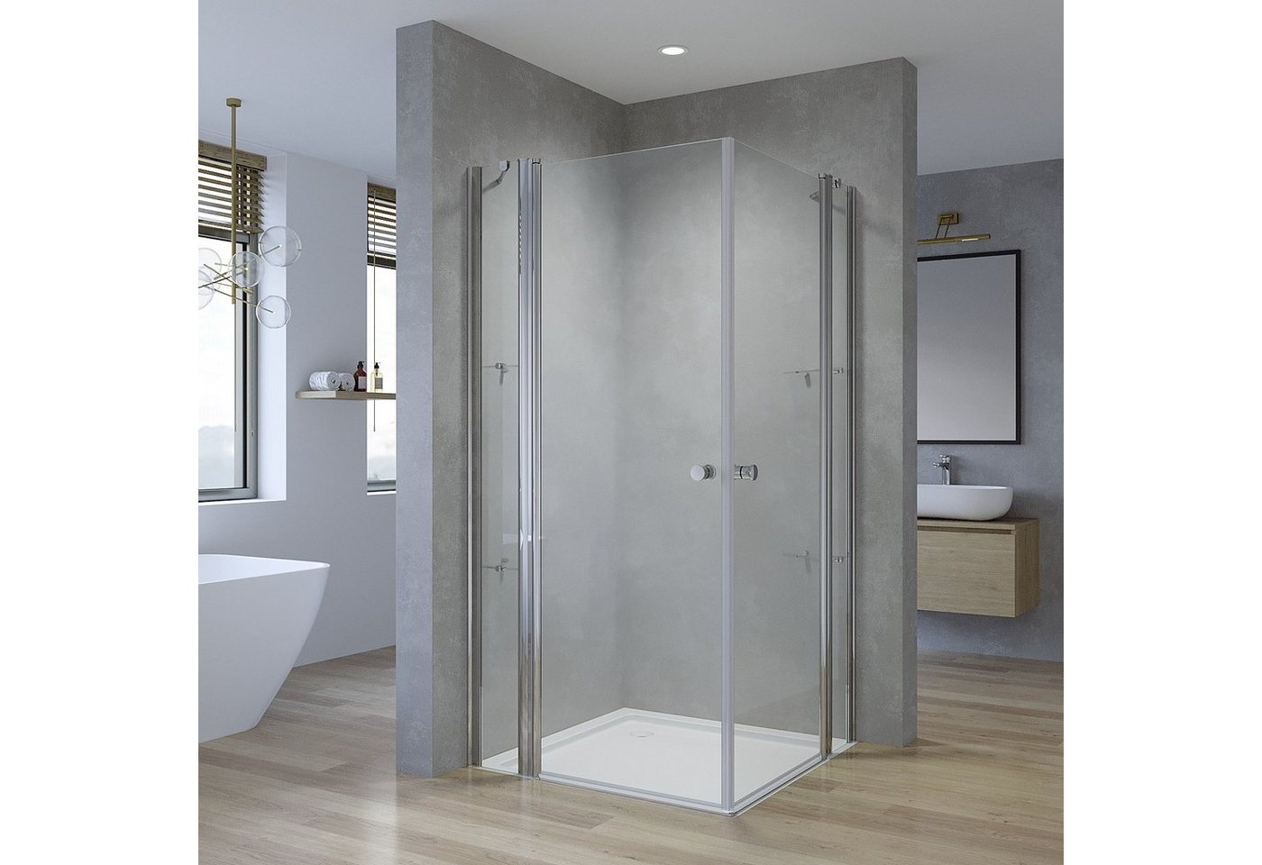 AQUALAVOS Eckdusche Duschkabine Eckeinstieg Schwingtüren Glas Eckduschwand mit Eckablage, BxT: 90x90 cm, 5 mm Einscheiben-Sicherheitsglas (ESG), 180º doppelt Drehtüren, doppelt Pendeltüren, Spritzschutz im Bad von AQUALAVOS