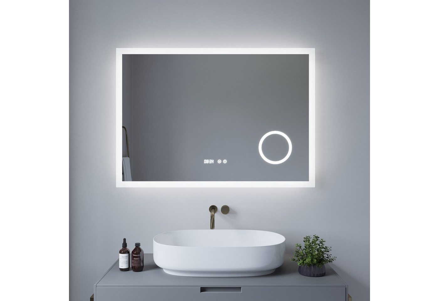 AQUALAVOS Kosmetikspiegel Badspiegel mit Beleuchtung LED kaltweiß mit Touch Schalter Wandspiegel, 100x70 cm 120x60 cm, IP44 wasserdichte LED-Leiste, 3-Fach Vergrößerung von AQUALAVOS