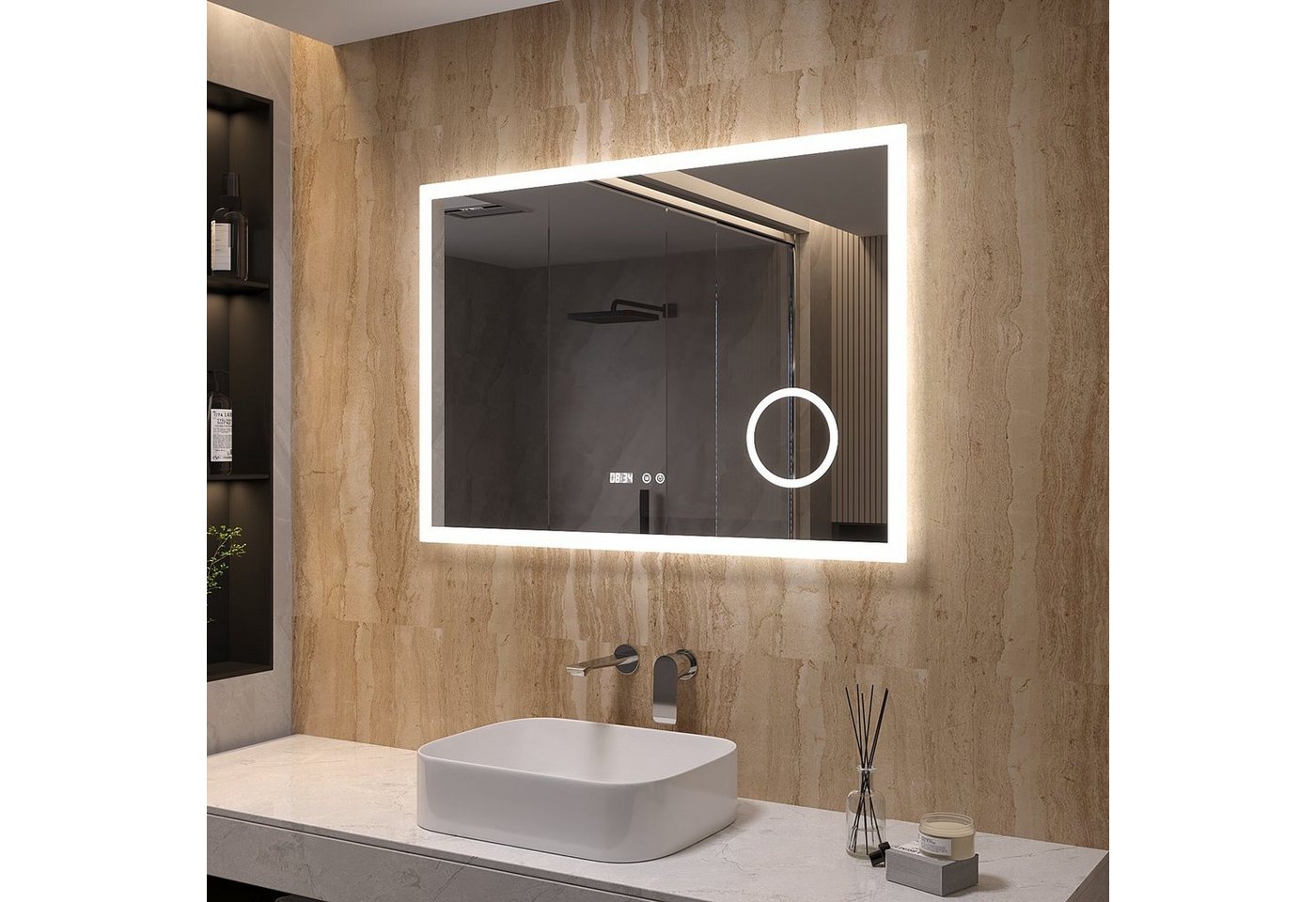 AQUALAVOS LED-Lichtspiegel 100x70 cm LED Badspiegel mit Beleuchtung und Beschlagfrei Wandspiegel, Energiesparend, mit 3-Fach Vergrößerung Kosmetikspiegel und Digitaluhr von AQUALAVOS
