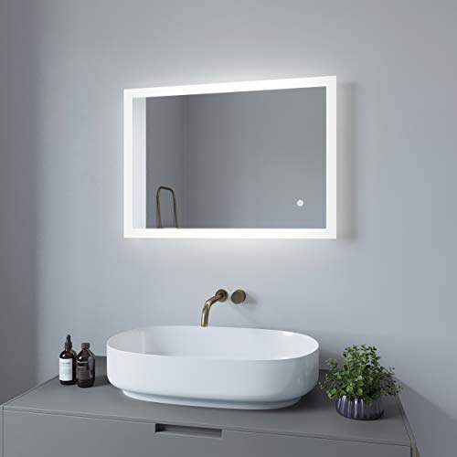AQUALAVOS Led Spiegel Bad Badspiegel Wandspiegel Badezimmerspiegel mit Beleuchtung 50x70cm Kaltweiß 6400K Touch Schalter Dimmbar Memory-Funktion Antifog Quer oder Hochkant Montage Möglich Slim-Design von AQUALAVOS