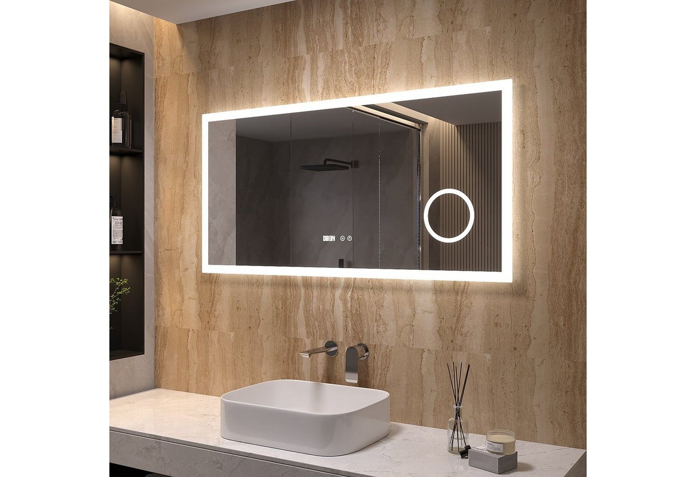 AQUALAVOS Schminkspiegel LED Badspiegel mit Beleuchtung Kosmetikspiegel mit LED Digitaluhr, 120x60cm, Beschlagfrei Schminkspiegel, Wandmontage, Dimmerfunktion von AQUALAVOS