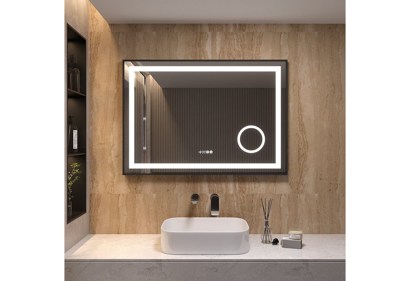 AQUALAVOS Wandspiegel 100x70 cm LED Badspiegel mit Beleuchtung Digital Uhr Badezimmerspiegel, Touch Dimmbare, Beschlagfrei, Schminkspiegel 3-Fach Vergrößerung von AQUALAVOS