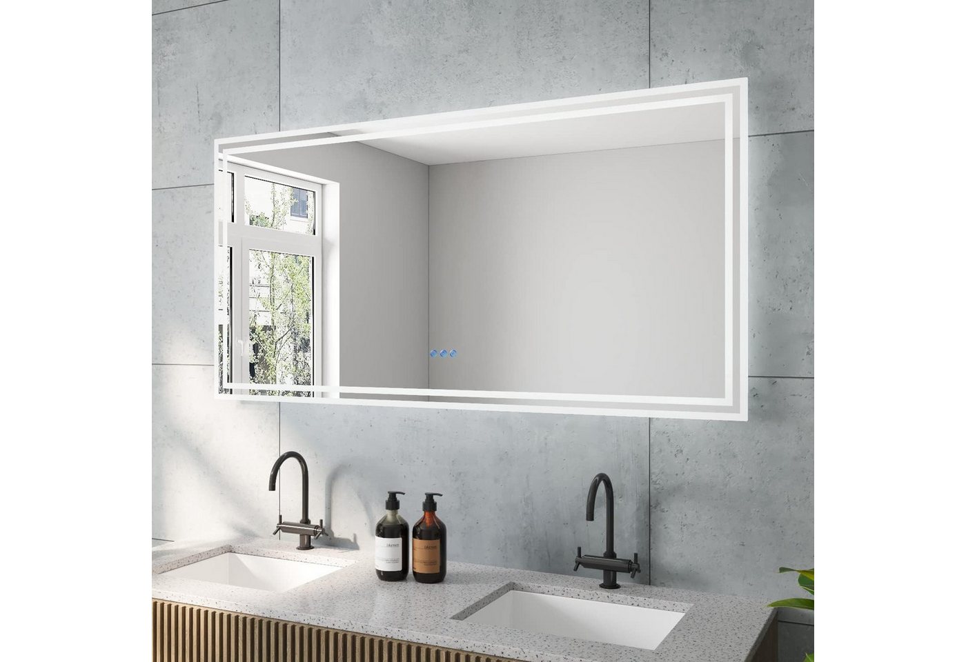 AQUALAVOS Wandspiegel Großer 140x70cm Badspiegel mit Warmweiß/Kaltweiß Licht LED Beleuchtung, Touchschalter/Wandschalter, Dimmbar, Beschlagfrei, Memory-Funktion von AQUALAVOS