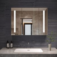Badezimmerspiegelschrank 80x60 cm Bad Spiegelschrank mit LED Beleuchtung IR Sensor Wandschrank, Doppelseitige Glasspiegel, Soft-Close-Funktion Badezimmerspiegelschrank 80x60 cm Bad Spiegelschrank mit LED Beleuchtung IR Sensor Wandschrank, Doppelseitige Glasspiegel, Soft-Close-Funktion von AQUALAVOS