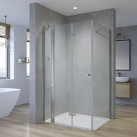 Duschkabine Duschabtrennung Eckeinstieg Falttür rahmenlos Drehfalttür Eckdusche Festteil mit Eckablage und Seitenwand ESG 5 mm 180º faltbar klappbar von AQUALAVOS