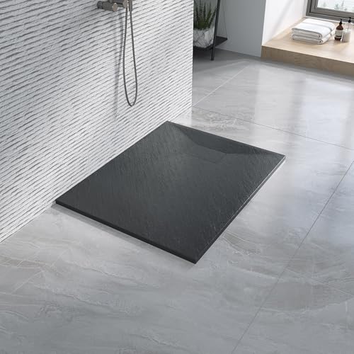 Duschtasse 100x80 cm Duschwanne schwarz flach ebenerdig Steinoptik Anti-Rutsch Zuschneidbar ohne Siphon und Ablaufgarnitur von AQUALAVOS