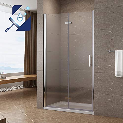 Duschtür 120cm breit Glastrennwand Duschabtrennung faltbar Pendeltür Nischentür Dusche Duschwand Glas Drehfalttür Falttür aus 6mm Nano ESG Glas Verstellbar von 120-123,5 cm Höhe 197 cm von AQUALAVOS