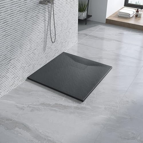 Duschwanne 90x90 cm schwarz flach ebenerdig Steinoptik Anti-Rutsch Zuschneidbar ohne Siphon und Ablaufgarnitur von AQUALAVOS