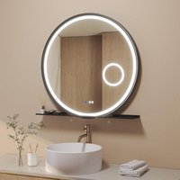 Runder Badspiegel 80x80 cm Ablage mattschwarz mit LED-Beleuchtung dimmbar Antibeschlag 3-fach Vergrößerung Kosmetikspiegel digitale Uhr Schrägdesign von AQUALAVOS