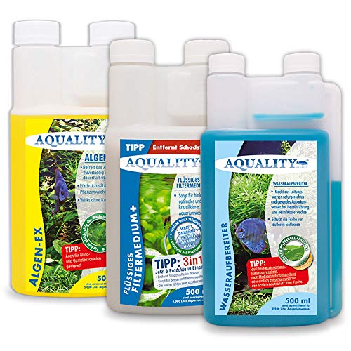 AQUALITY Aquarium 3er Starter- & Pflege-Sparset (Algenvernichter, Wasseraufbereiter, Filtermedium - Perfekter Start mit Allen wichtigen Produkten), Set-Größe:Set 500 von AQUALITY Aquaristik & Gartenteich