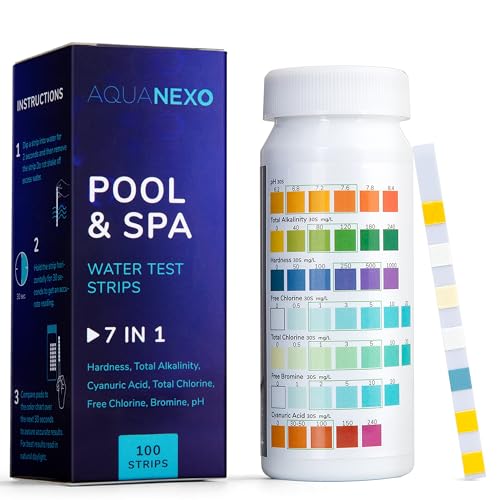 AQUANEXO 100 Pool Teststreifen Pool & Spa 7-in-1, Pool Zubehör, Pooltester für Planschbecken Schwimmbad, Wassertester für Pools, Pool Tester pH und Chlor, Brom, Alkalinität, CYA, Gesamthärte von AQUANEXO