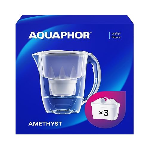 AQUAPHOR Starterpaket Wasserfilter Amethyst Grau inkl. 3 MAXFOR+ Filter I Karaffe für 2,8l I Passt in die Kühlschranktür I Reduziert Kalk & Chlor I Tischwasserfilter I Stylischer Behälter von AQUAPHOR