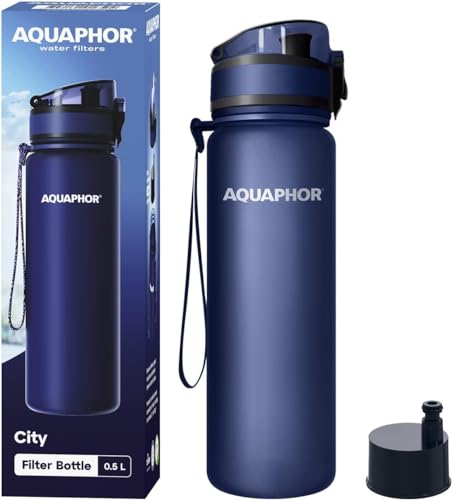 AQUAPHOR City Filterflasche 500ml Navy I Flasche mit Wasserfilter für unterwegs I Filter mit Aktivkohle I Filtert Chlor I Aus Tritan & BPA-frei I Für besseren Geschmack & Geruch des Wassers von AQUAPHOR