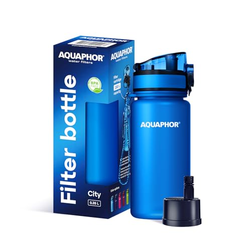 AQUAPHOR City Filterflasche 350ml Blau I Flasche mit Wasserfilter für unterwegs I Filter mit Aktivkohle I Filtert Chlor I Aus Tritan & BPA-frei I Für besseren Geschmack & Geruch des Wassers von AQUAPHOR