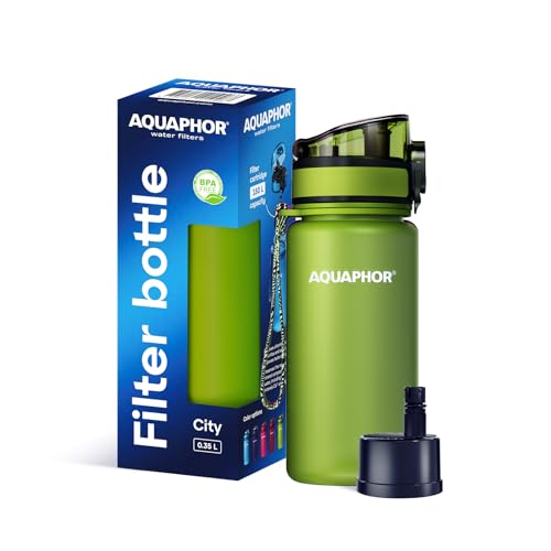 AQUAPHOR City Filterflasche 350ml Grün I Flasche mit Wasserfilter für unterwegs I Filter mit Aktivkohle I Filtert Chlor I Aus Tritan & BPA-frei I Für besseren Geschmack & Geruch des Wassers von AQUAPHOR