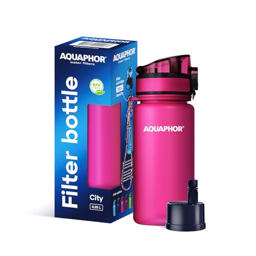 AQUAPHOR City Filterflasche 350ml Pink I Flasche mit Wasserfilter für unterwegs I Filter mit Aktivkohle I Filtert Chlor I Aus Tritan & BPA-frei I Für besseren Geschmack & Geruch des Wassers von AQUAPHOR