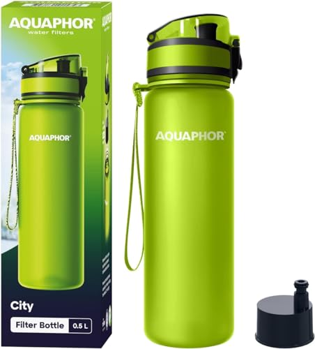 AQUAPHOR City Filterflasche 500ml Grün I Flasche mit Wasserfilter für unterwegs I Filter mit Aktivkohle I Filtert Chlor I Aus Tritan & BPA-frei I Für besseren Geschmack & Geruch des Wassers von AQUAPHOR