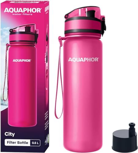AQUAPHOR City Filterflasche 500ml Pink I Flasche mit Wasserfilter für unterwegs I Filter mit Aktivkohle I Filtert Chlor I Aus Tritan & BPA-frei I Für besseren Geschmack & Geruch des Wassers von AQUAPHOR