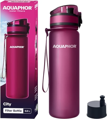 AQUAPHOR City Filterflasche 500ml Rubin I Flasche mit Wasserfilter für unterwegs I Filter mit Aktivkohle I Filtert Chlor I Aus Tritan & BPA-frei I Für besseren Geschmack & Geruch des Wassers von AQUAPHOR