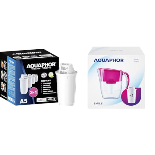 AQUAPHOR Filterkartusche A5 Pack 3+1 I Filtert Kalk & Chlor sowie Schwermetalle & andere Stoffe & Wasserfilter Smile Cyclamen inkl. 1 A5 Filter von AQUAPHOR