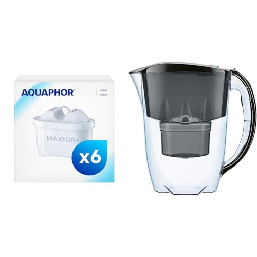 AQUAPHOR Filterkartusche MAXFOR+ Pack 5+1 & Wasserfilter Jasper Schwarz inkl. 1 MAXFOR+ Filter I Reduziert Kalk & Chlor I Karaffe für 2,8l I Tischwasserfilter I Passt in die Kühlschranktür von AQUAPHOR