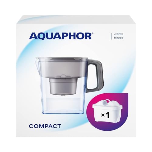 AQUAPHOR Wasserfilter Kanne Compact grau inkl. 1 Maxfor+ Filter I Kunststoff Karaffe 2,4l I Reduziert Kalk, Chlor & Schwermetalle I Kompakter & leichter Wasserfilter I Passt in die Kühlschranktür von AQUAPHOR