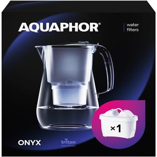 AQUAPHOR Wasserfilter Onyx Schwarz inkl. 1 MAXFOR+ Filter I 4,2L Wasserfilter in Glasoptik für I Karaffe I Reduziert Kalk & Chlor I Perfekt für die Familie I Premium Qualität I Stylischer Behälter von AQUAPHOR