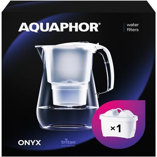 AQUAPHOR Wasserfilter Onyx Weiß inkl. 1 MAXFOR+ Filter I 4,2L Wasserfilter in Glasoptik für I Karaffe I Reduziert Kalk & Chlor I Perfekt für die Familie I Premium Qualität I Stylischer Behälter von AQUAPHOR