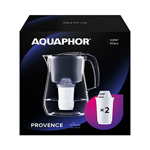 AQUAPHOR Wasserfilter Provence Schwarz inkl. 2 A5 Filter mit Magnesium I Karaffe für 4,2l I Großer WasserfiIter in Glasoptik I Reduziert Kalk & Chlor I Tischwasserfilter I Stylischer Behälter von AQUAPHOR