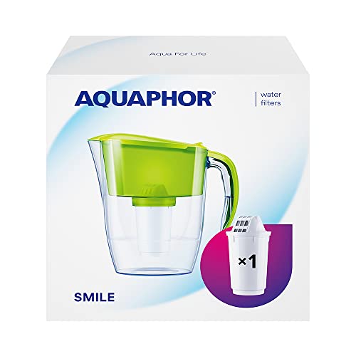 AQUAPHOR Wasserfilter Smile Hellgrün inkl. 1 A5 Filter I Reduziert Kalk & Chlor I Karaffe für 2,9l I Kompakter & leichter WasserfiIter I Tischwasserfilter I Passt in die Kühlschranktür von AQUAPHOR