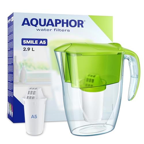 AQUAPHOR Wasserfilter Smile Hellgrün inkl. 1 A5 Filter I Reduziert Kalk & Chlor I Karaffe für 2,9l I Kompakter & leichter WasserfiIter I Tischwasserfilter I Passt in die Kühlschranktür von AQUAPHOR