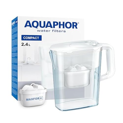 AQUAPHOR Wasserfilter Kanne Compact weiß inkl. 1 Maxfor+ Filter I Kunststoff Karaffe 2,4l I Reduziert Kalk, Chlor & Schwermetalle I Kompakter & leichter Wasserfilter I Passt in die Kühlschranktür von AQUAPHOR