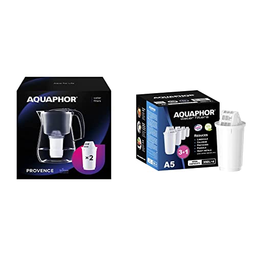 AQUAPHOR Wasserfilter Provence schwarz inkl. 2 A5 Filterkartuschen & Filterkartusche A5 Pack 3+1 - mit AQUALEN Technologie, gegen Kalk, Chlor & weitere Stoffe im Leistungswasser, 4 Stück (1er Pack) von AQUAPHOR