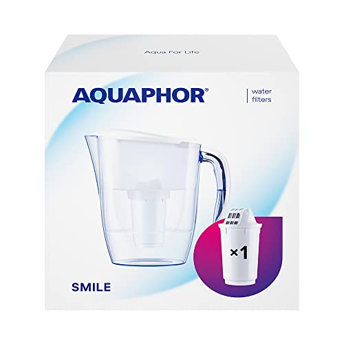 AQUAPHOR Wasserfilter Smile Weiß inkl. 1 A5 Filter I Reduziert Kalk & Chlor I Karaffe für 2,9l I Kompakter & leichter WasserfiIter I Tischwasserfilter I Passt in die Kühlschranktür von AQUAPHOR