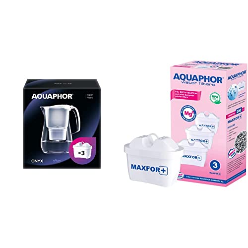 Aquaphor Wasserfilter Onyx weiß inkl. 3 MAXFOR+ Filterkartuschen & 500734 Filterkartusche MAXFOR+ Mg Pack 3 - gegen Kalk & Chlor, mit Magnesium, für Aquaphor Onyx, Amethyst, Jasper von AQUAPHOR