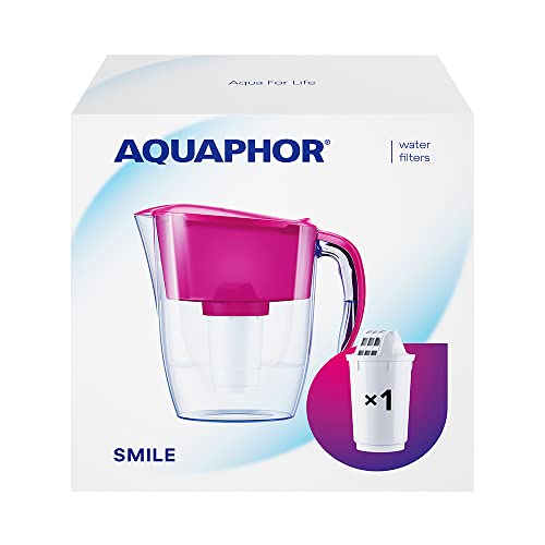 AQUAPHOR Wasserfilter Smile Cyclamen inkl. 1 A5 Filter I Reduziert Kalk & Chlor I Karaffe für 2,9l I Kompakter & leichter WasserfiIter I Tischwasserfilter I Passt in die Kühlschranktür von AQUAPHOR