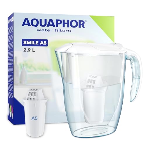 AQUAPHOR Wasserfilter Smile Weiß inkl. 1 A5 Filter I Reduziert Kalk & Chlor I Karaffe für 2,9l I Kompakter & leichter WasserfiIter I Tischwasserfilter I Passt in die Kühlschranktür von AQUAPHOR