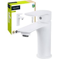 aquaSu® Wasserhahn Bad Weiß, Waschtischarmatur mit Zugstange, Einhebelmischer für Waschbecken, Badarmatur mit Ablaufgarnitur, Mischbatterie mit von AQUASU