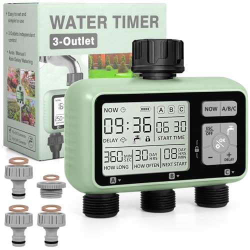 AQXONG Automatischer Bewässerungstimer, Gartenbewässerungstimer mit LCD Display, 3 Strecken Wasserhahn Timer anschließen, Kindersicherungsmodus, Verzögerte Bewässerung Nach Regen, IPX5 Wasserdicht von AQXONG