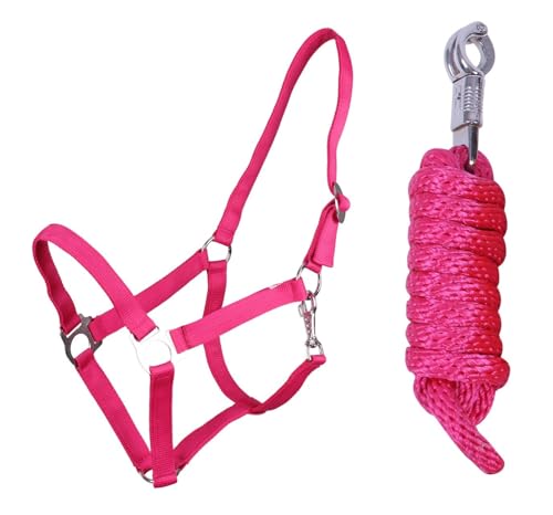 ARBO-INOX Halfter-Set Beginner II Halfter + Führstrick mit Panikhaken verstellbar (Full Warmblut, Fuchsia) von ARBO-INOX