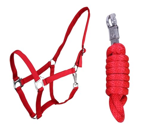ARBO-INOX Halfter-Set Beginner II Halfter + Führstrick mit Panikhaken verstellbar (Pony, Rot) von ARBO-INOX