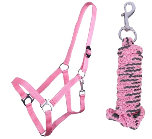 ARBO-INOX Halfter-Set Beginner de lux - Halfter + Führstrick - graue Akzente - verstellbar (Pony, Flamingo Pink) von ARBO-INOX