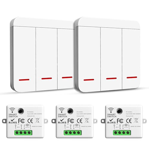 ARCELI Funk Lichtschalter, Funkschalter mit Wand Schalter, Funk Schalter und Funk-Empfänger 2200W/10A, Intelligent Switch 2.4G Funk-Wandsender, Weiß (2 Empfänger mit 3 Schalter) von ARCELI