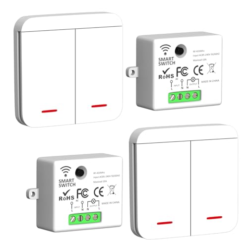 ARCELI Funk Lichtschalter, Funkschalter mit Wand Schalter, Funk Schalter und Funk-Empfänger 2200W/10A, Intelligent Switch Funk-Wandsender, Weiß (2 Empfänger mit 2 Schalter) von ARCELI