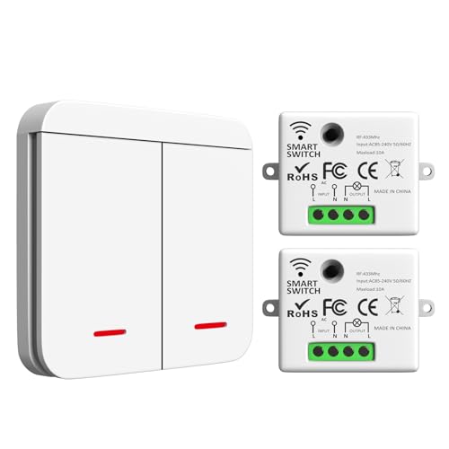 ARCELI Funk Lichtschalter, Funkschalter mit Wand Schalter, Funk Schalter und Funk-Empfänger 2200W/10A, Intelligent Switch Wifi 2.4G Funk-Wandsender, Weiß (1 Empfänger mit 2 Schalter) von ARCELI