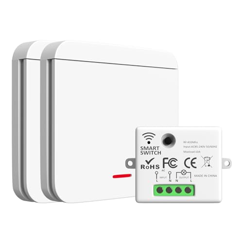 ARCELI Funk Lichtschalter, Funkschalter mit Wand Schalter, Funk Schalter und Funk-Empfänger 2200W/10A, Intelligent Switch Wifi 2.4G Funk-Wandsender, Weiß (2 Empfänger mit 1 Schalter) von ARCELI