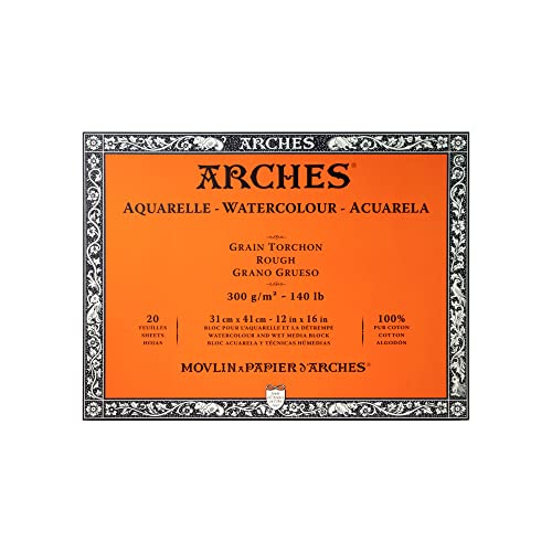 Arches 1795087 Aquarellpapier im Block (31 x 41 cm, 4-seitig geleimt, 300g/m² Grobkorn) 20 Blatt naturweiß von ARCHES