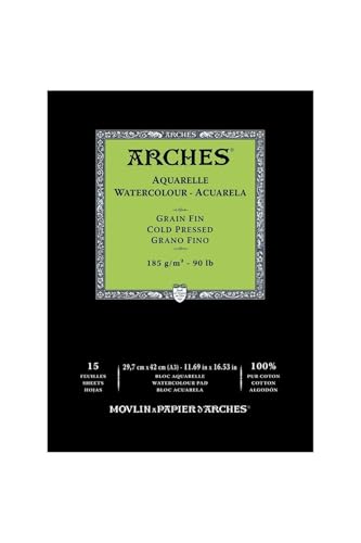 Arches 1795219 Aquarell Block kopfgeleimt 15 Blatt - A3, 185g/m² Feinkorn-Naturweiß für Wasserfarben, Acrylfarben und Gouache von ARCHES